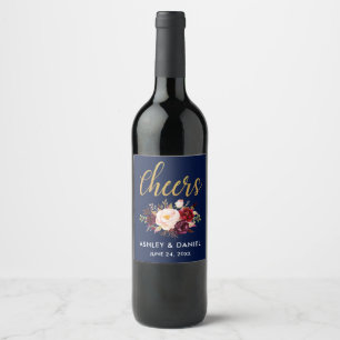 Blue Burgundy Floral Gold Wedding Cheers Wine Label