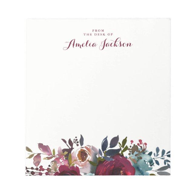 Blue Burgundy Floral Personalised Stationery Notepad (Front)