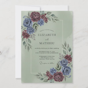 Blue Burgundy Floral Romance Wedding Invitation