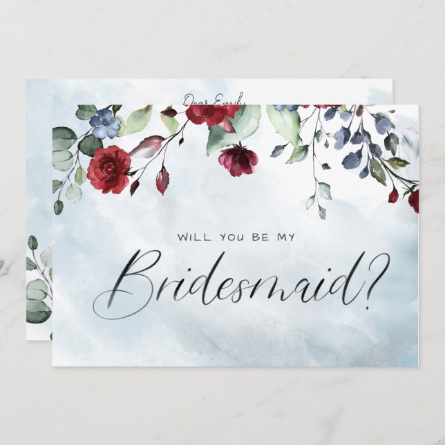 Blue Burgundy Floral Watercolor Script Bridesmaid Invitation (Front/Back)