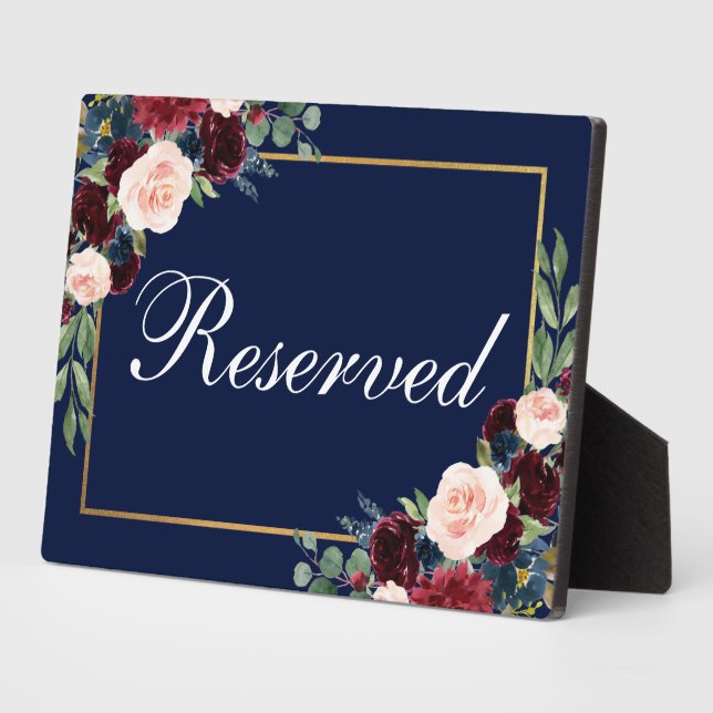 Blue Burgundy Floral Wedding Reserved 5x7 Table Plaque (Side)