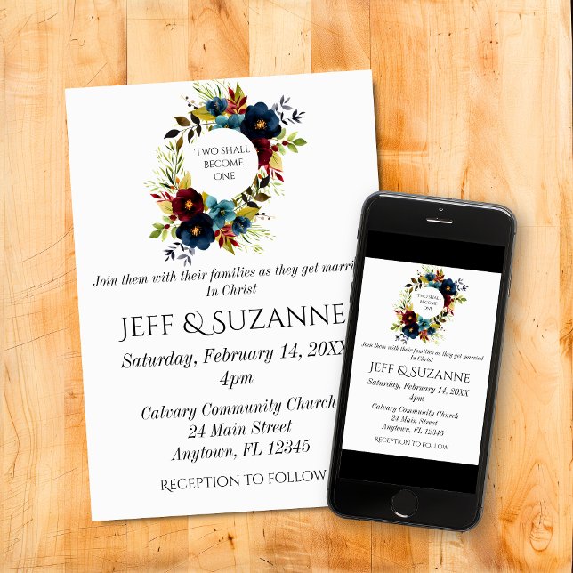 Blue Burgundy Floral Wreath Two Become One  Invitation (Blue Burgundy Floral Wreath Two Become One Christian Wedding Invitation)