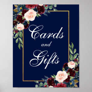 Blue Burgundy Gold Floral Wedding Cards Gifts Poster