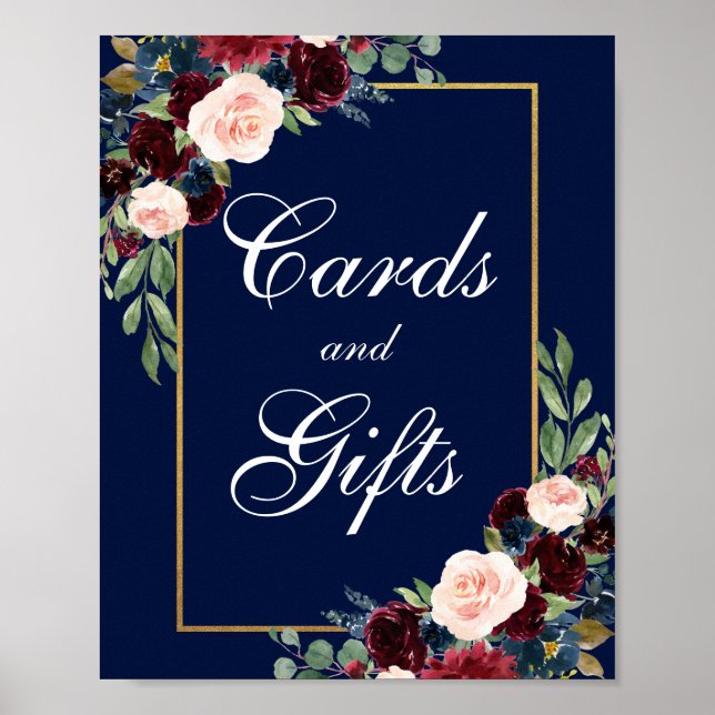 Blue Burgundy Gold Floral Wedding Cards Gifts Poster (Front)