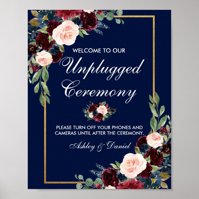 Blue Burgundy Gold Floral Wedding Unplugged Poster (Front)