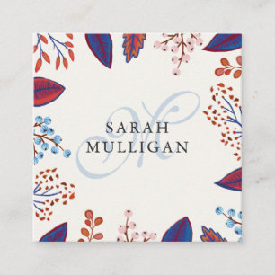 Blue & Burgundy Leaves Monogram Square Business Card