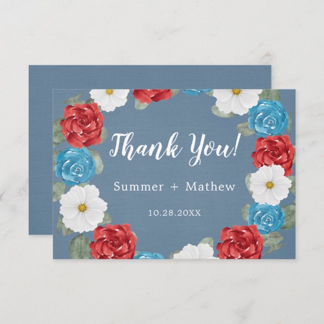 Blue Burgundy Painted Peony Wedding Thank You Card (Front/Back)