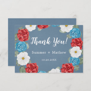 Blue Burgundy Painted Peony Wedding Thank You Card
