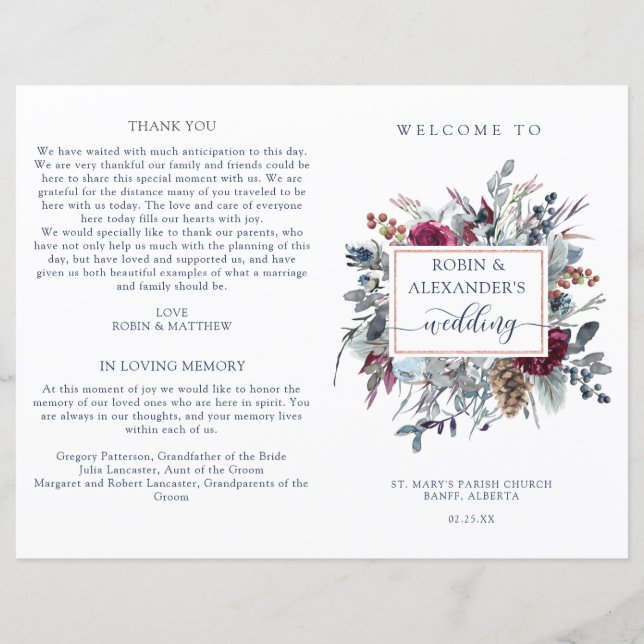 Blue Burgundy Purple Floral Folded Wedding Program (Front)