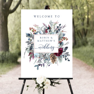 Blue, Burgundy, Purple Floral Wedding Welcome Sign