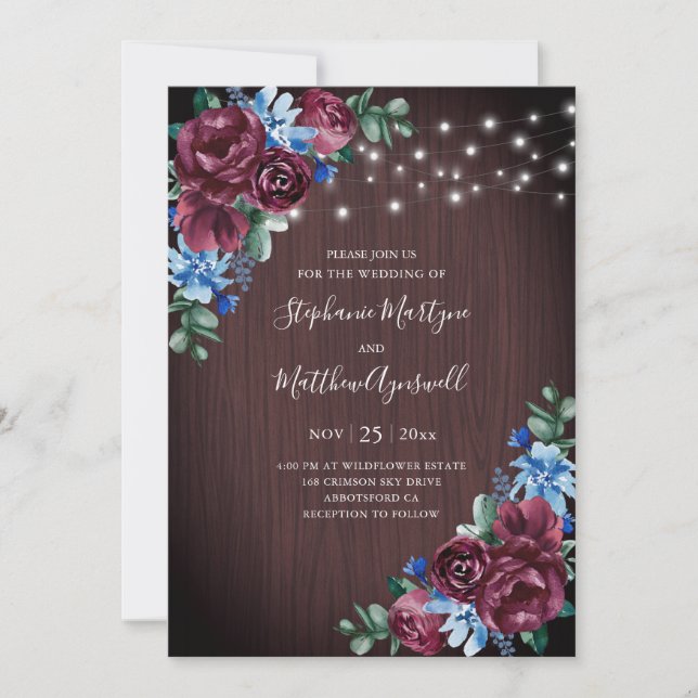 Blue Burgundy String Lights Floral Wood Wedding Invitation (Front)