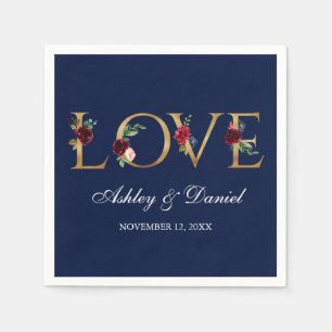 Blue Burgundy Watercolor Floral Gold Love Wedding Napkin