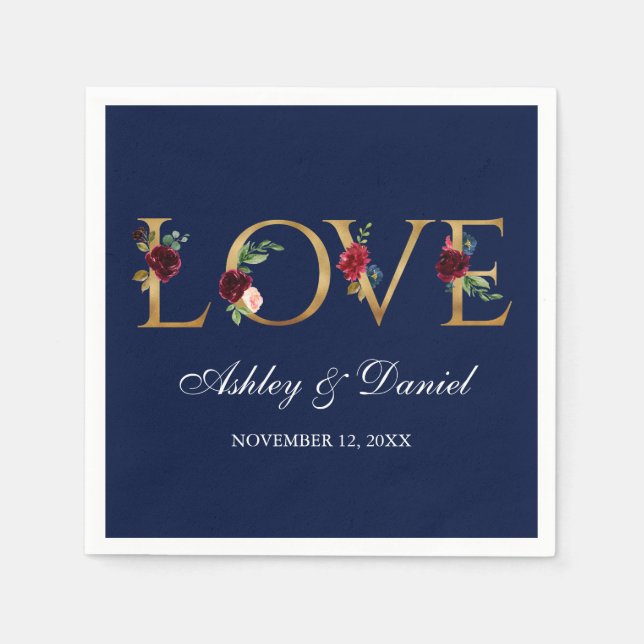 Blue Burgundy Watercolor Floral Gold Love Wedding Napkin (Front)