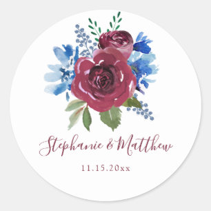 Blue Burgundy Watercolor Floral Wedding Classic Round Sticker