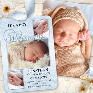 Blue Burlap Baby Birth Photos Announcement Card