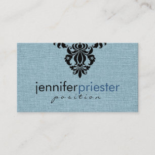 Blue Burlap Linen Texture With Black Floral Design Business Card