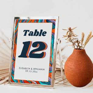 Blue Burnt Orange Wavy Modern Retro Groovy Wedding Table Number