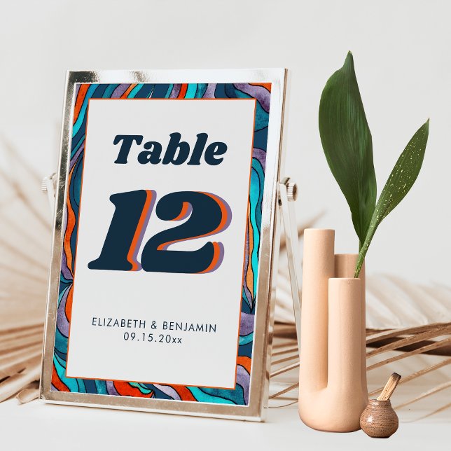 Blue Burnt Orange Wavy Modern Retro Groovy Wedding Table Number (Front and Back)