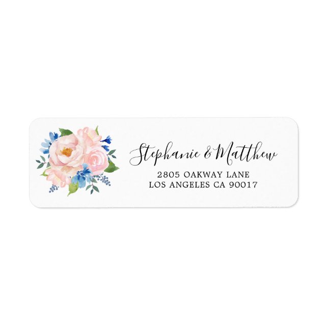 Blue Bush Pink Watercolor Floral Wedding Address (Front)