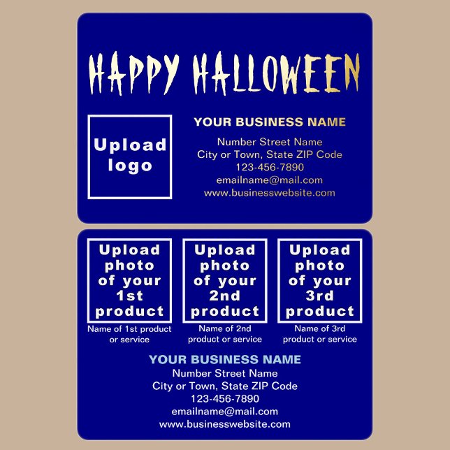Blue Business Brand on Halloween Rectangle (Blue business brand with products or services on Halloween rectangle foil holiday card.)