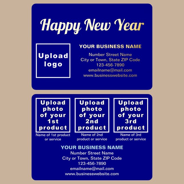 Blue Business Brand on New Year Rectangle (Blue business brand with products or services on New Year rectangle foil holiday card.)
