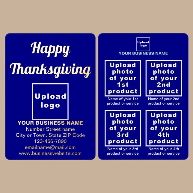 Blue Business Brand on Thanksgiving (Blue business brand with products or services on Thanksgiving foil holiday card.)