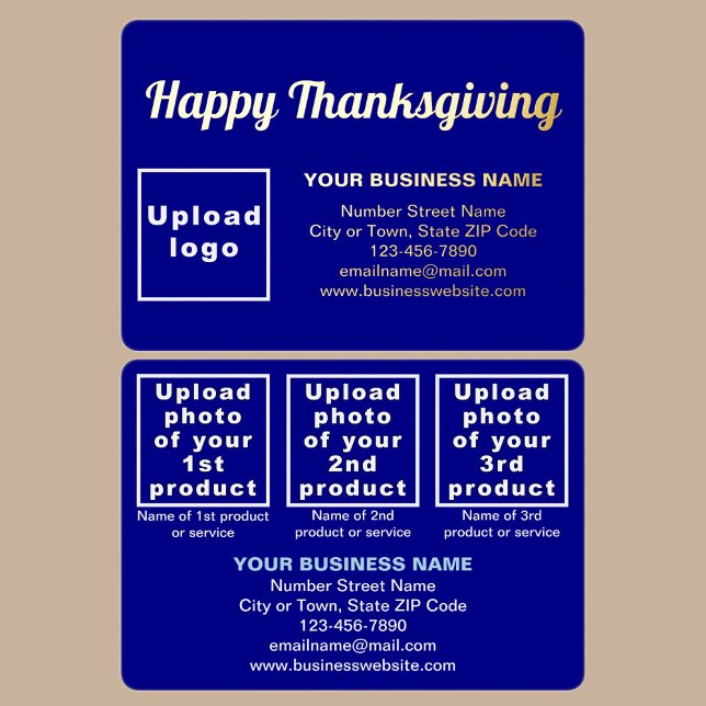 Blue Business Brand on Thanksgiving Rectangle (Blue business brand with products or services on Thanksgiving rectangle foil holiday card.)