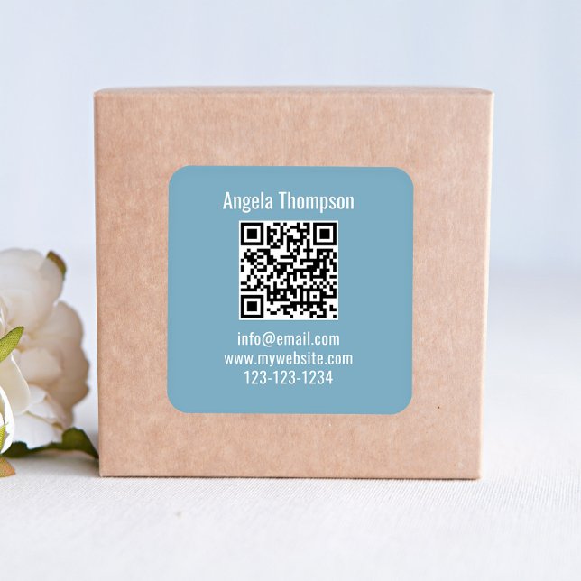 Blue Business QR Code Custom Basic Square Sticker (Basic blue QR code template business product sticker.)