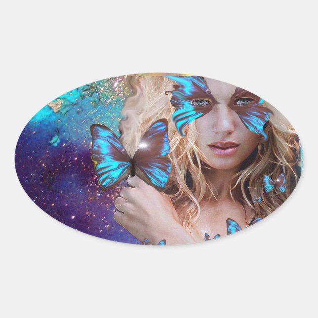 BLUE BUTERRFLY BEAUTY MAKEUP ARTIST OVAL STICKER (Front)