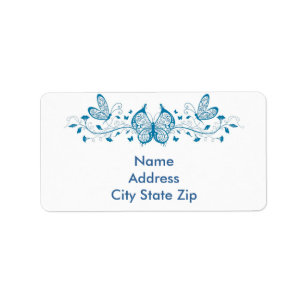 Blue butterfies and flowers label
