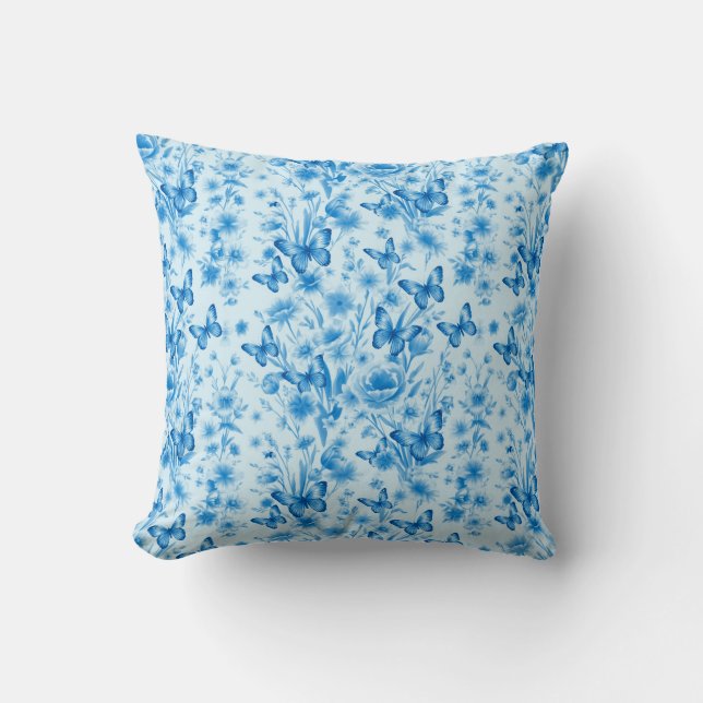 Blue Butterflies and Flowers Cushion (Front)