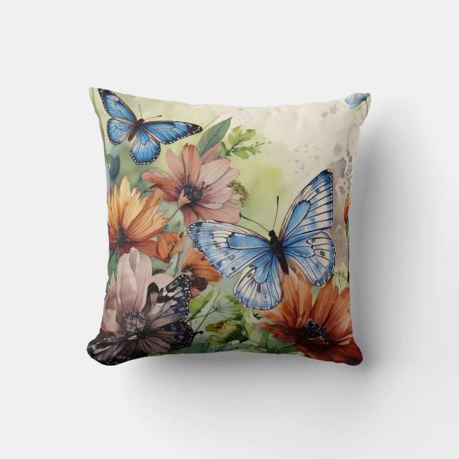 Blue Butterflies and Wildflowers Cushion (Front)