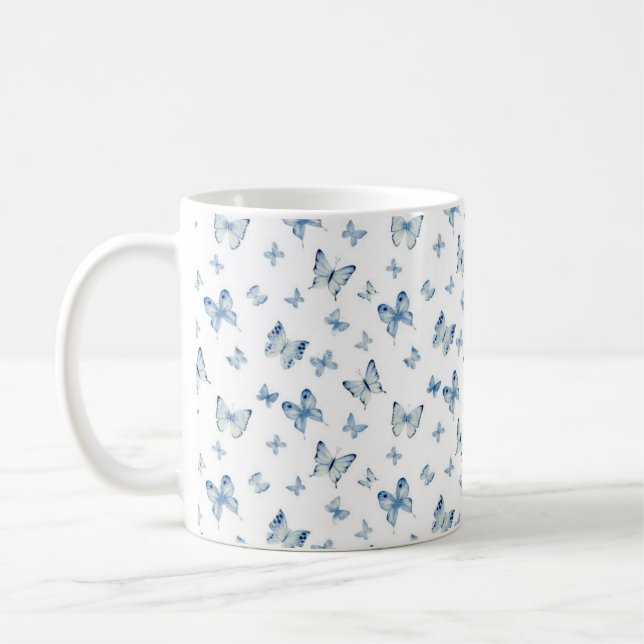 Blue butterflies background mug (Left)