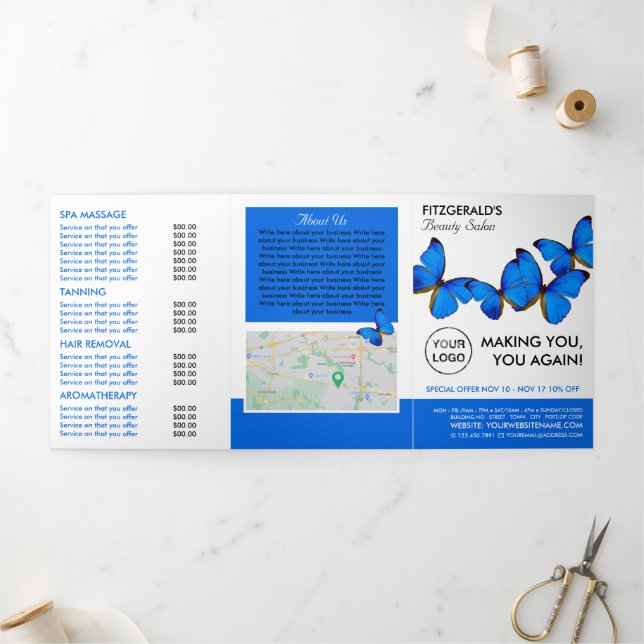 Blue Butterflies, Beauty Salon Tri-Fold Flyer Invitation (Outside)