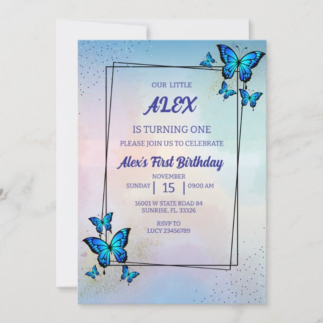 Blue Butterflies Birthday Party Invitation (Front)