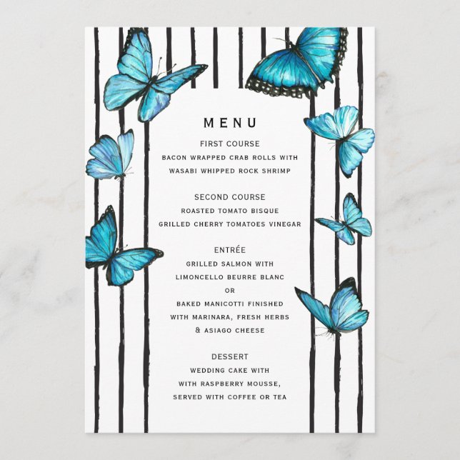 Blue butterflies. Black white stripes Menu (Front)