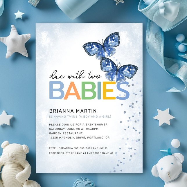 Blue Butterflies Due with Two Twins Baby Shower Invitation (Creator Uploaded)