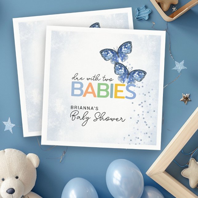 Blue Butterflies Due with Two Twins Baby Shower Napkin (Creator Uploaded)