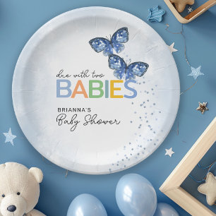 Blue Butterflies Due with Two Twins Baby Shower Paper Plate