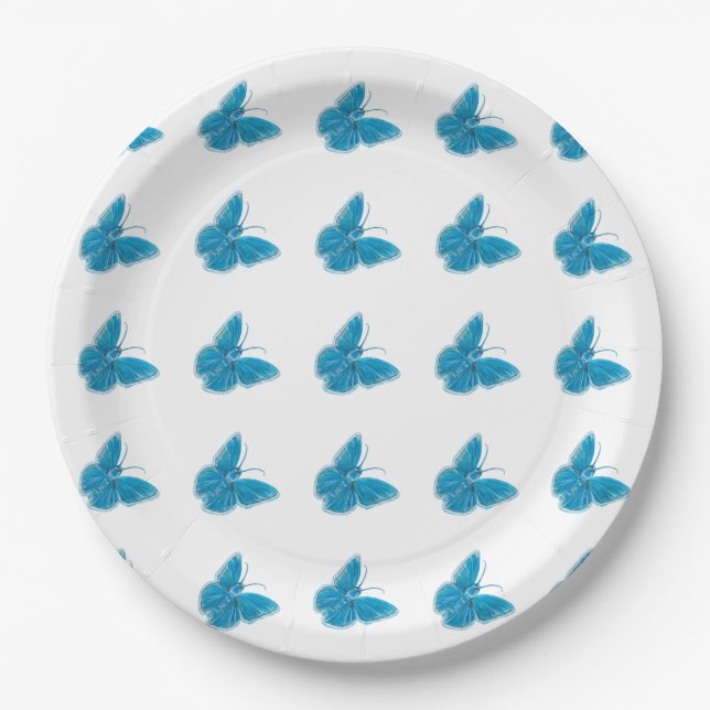 Blue Butterflies Fluttering Illustration Pattern Paper Plate (Front)