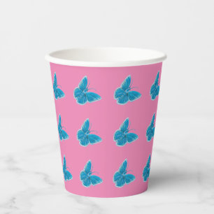 Blue Butterflies Fluttering Pattern Pink Paper Cups