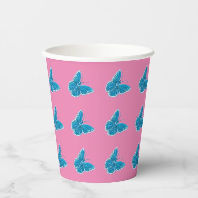 Blue Butterflies Fluttering Pattern Pink   Paper Cups (Front)