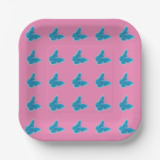 Blue Butterflies Fluttering Pattern Pink Paper Plate