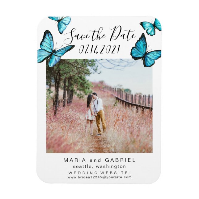 Blue butterflies Frame Wedding Save the Date Photo Magnet (Vertical)