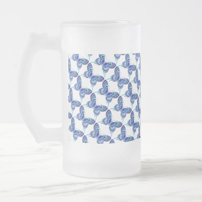 blue butterflies frosted glass beer mug (Left)