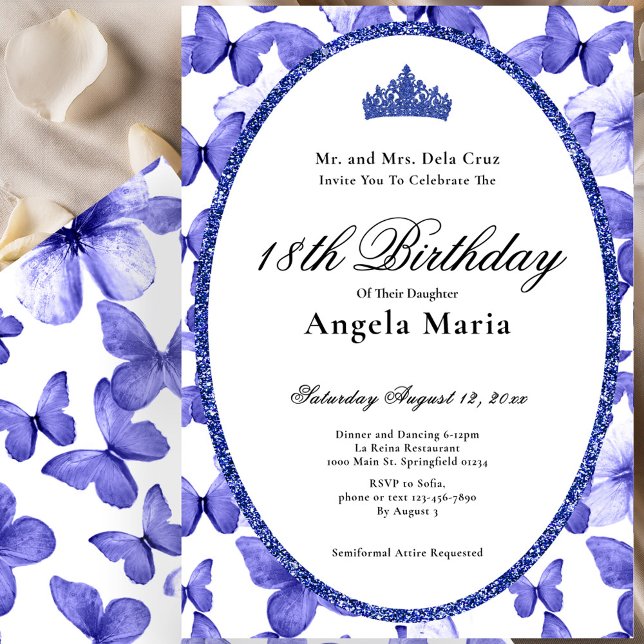 Blue Butterflies Glam 18th Birthday Debut Invitation (Creator Uploaded)