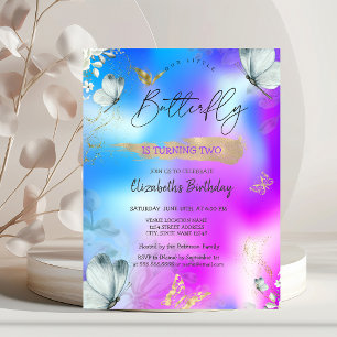 Blue Butterflies Holographic Birthday  Invitation