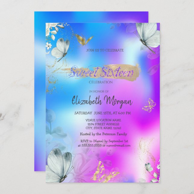 Blue Butterflies Holographic Sweet 16 Birthday  Invitation (Front/Back)