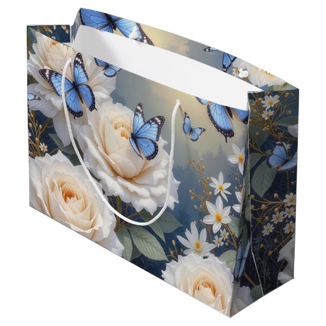 Blue Butterflies in a White Rose Garden Large Gift Bag (Back Angled)