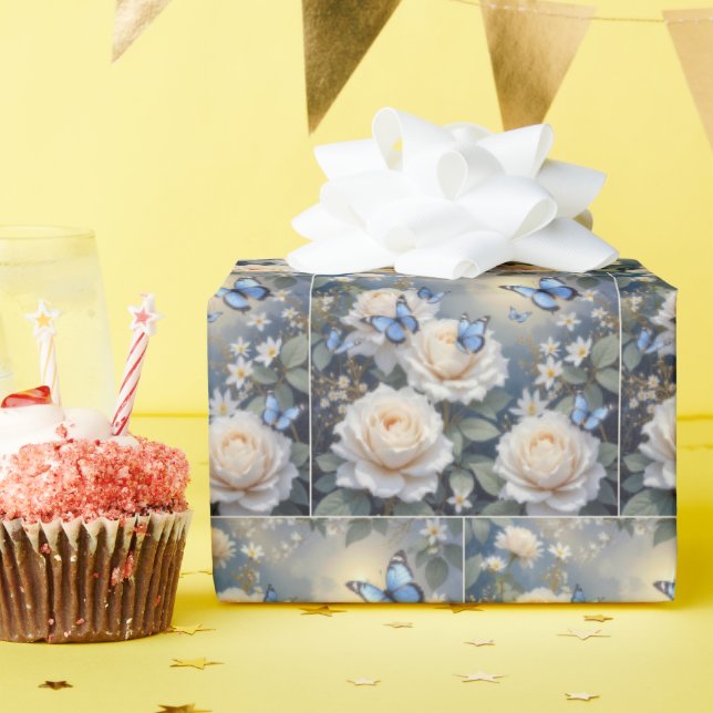 Blue Butterflies in a White Rose Garden Wrapping Paper (Birthday Party)